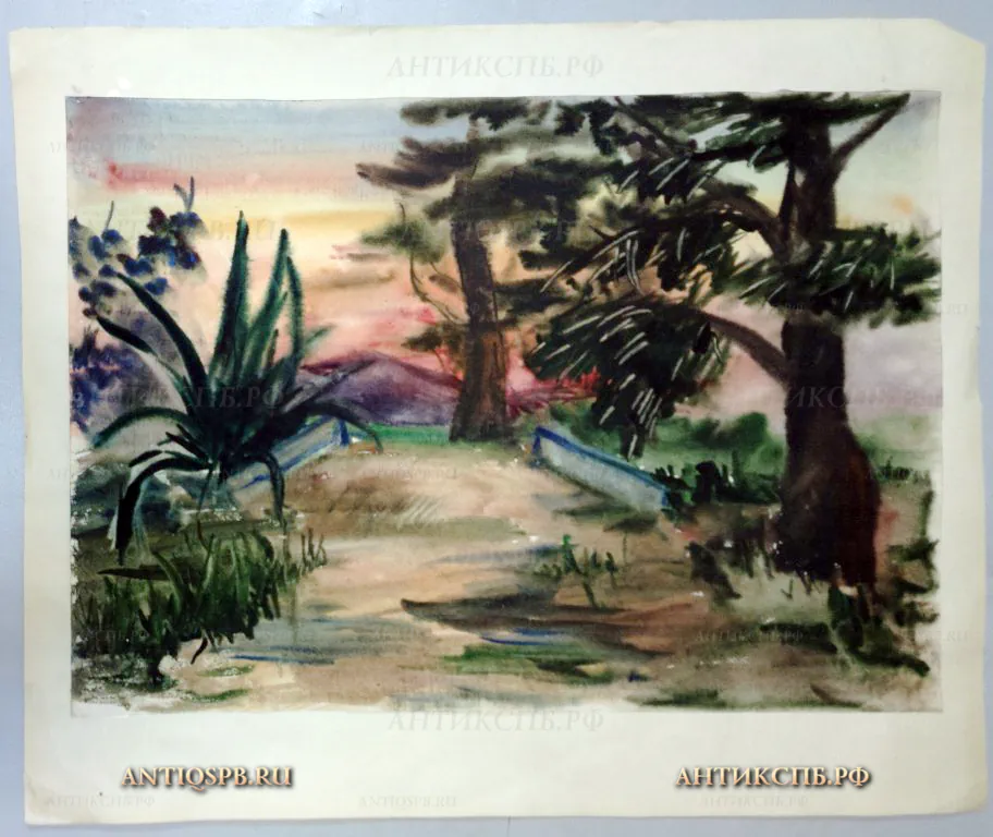 Картина "Пейзаж с мостиком". Бумага, акварель. Художник: Суходолова. Вт. пол. ХХ века. СССР. №19467.17